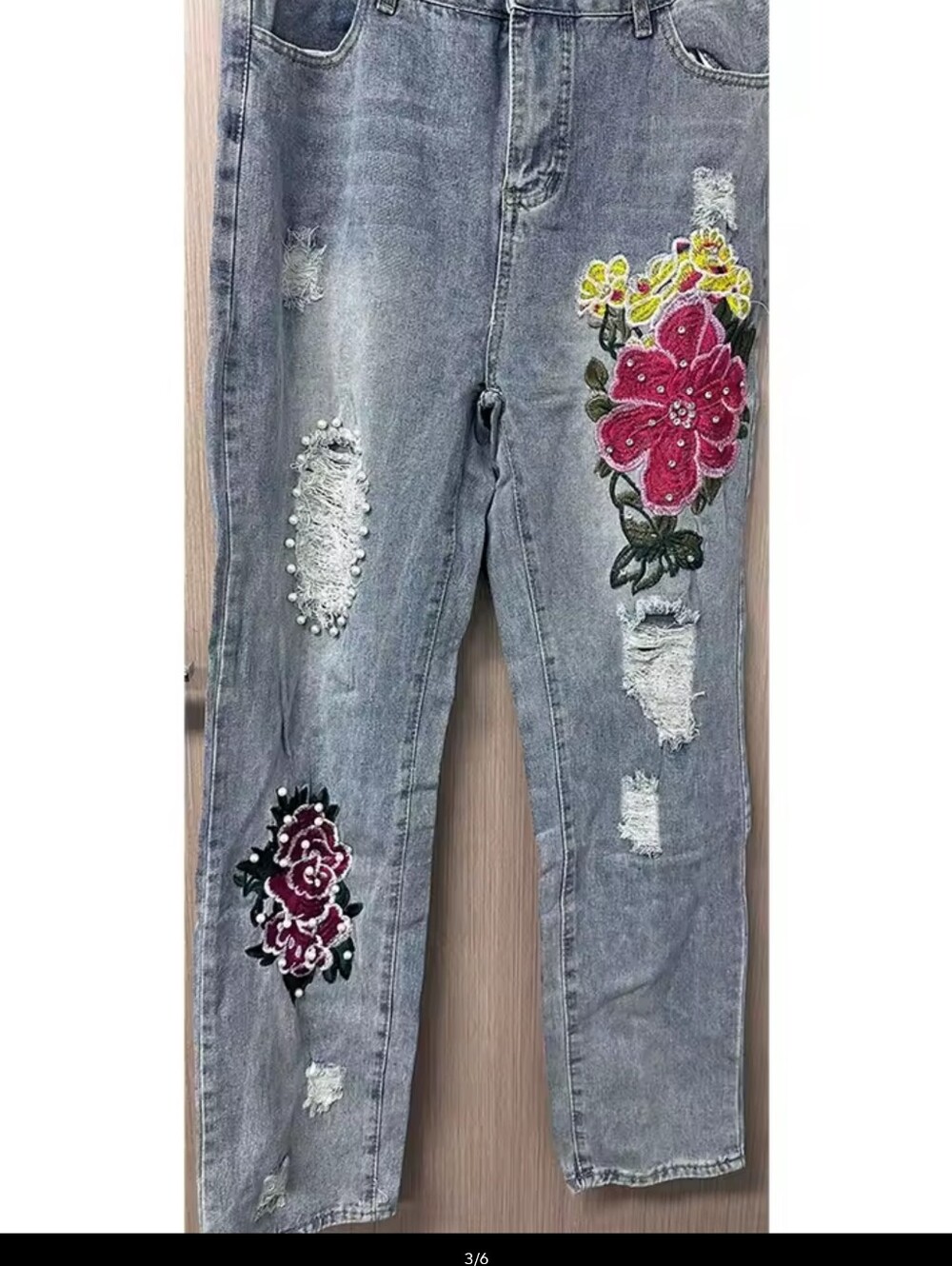 Light Wash Women's Jeans with Pink Floral Applique - Picture 4 of 6